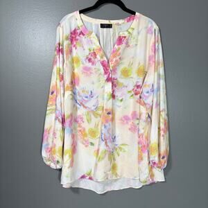 Tahari Pale Yellow Romantic Pastel Floral Coquette Top - 1X - Women's Plus Size